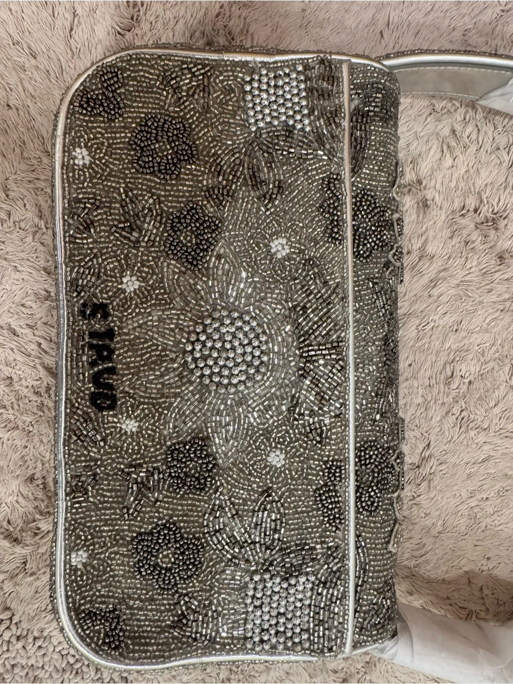 STAUD Tommy Garden Party Beaded Floral Evening Bag in Silver colorway 10x6 in